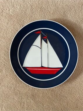 Curzan vintage Nautical Sailboat decorative Plate - Navy, White & Red